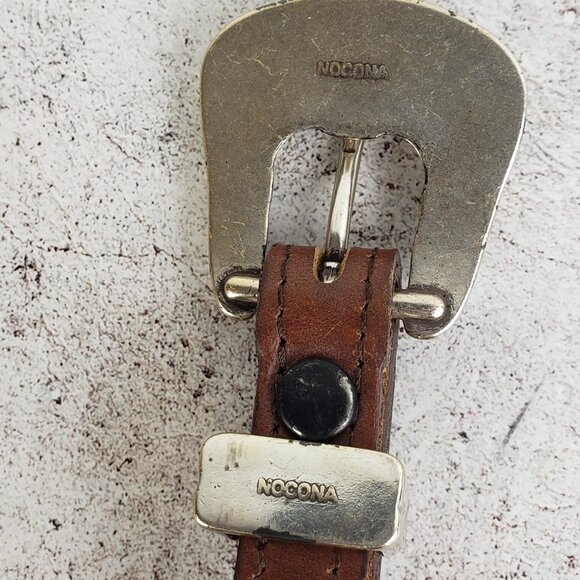 Vintage NOCONA Leather Belt Western Engraved Buckle Southwestern Boho Brown 34 main image 8